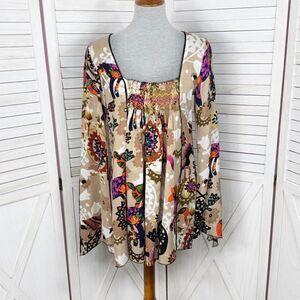 Mystery Mexican Print Smocked Top Bell Sleeve Tunic Shirt Tan Multi Medium